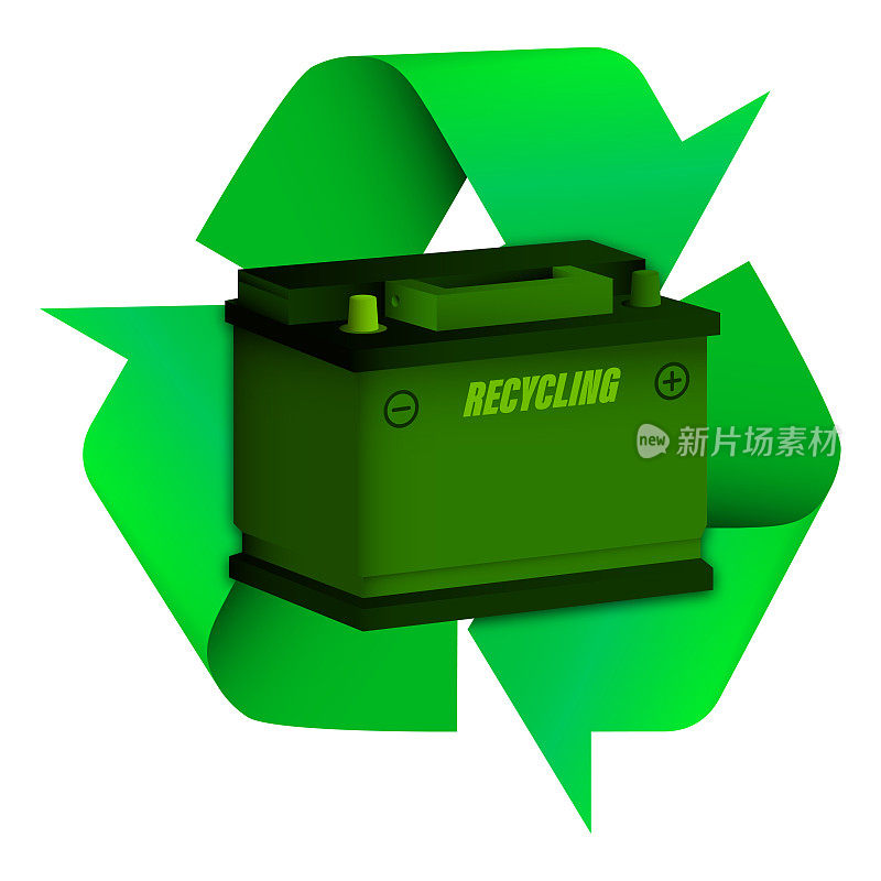 car battery with green recycling sign. Recycling of car batteries, green energy, alternative energy sources. Caring for the ecology and the environment. Vector